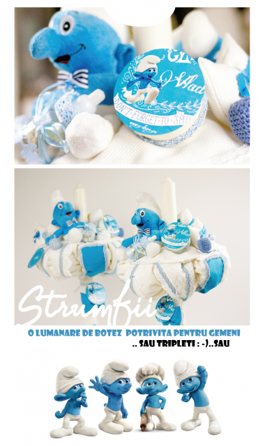 Lumanare de botez pentru baieti cu strumfi, 65x4 cm, Strumfii veseli 3